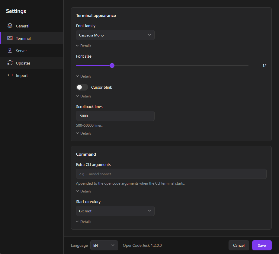 OpenCode Jesk — Settings: Terminal