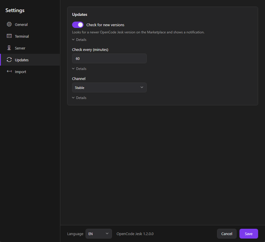 OpenCode Jesk — Settings: Updates