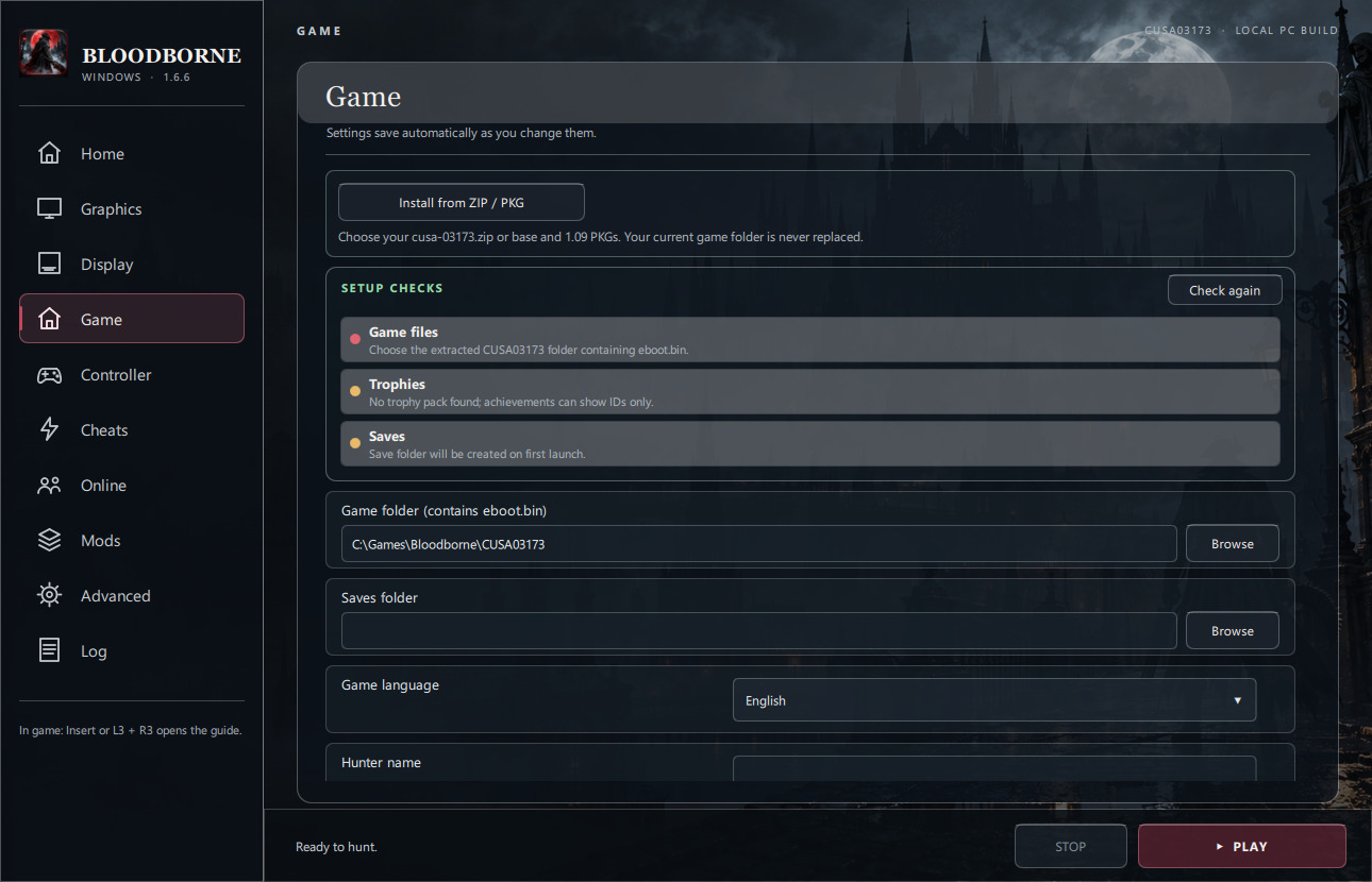 Game page with ZIP install and setup checks