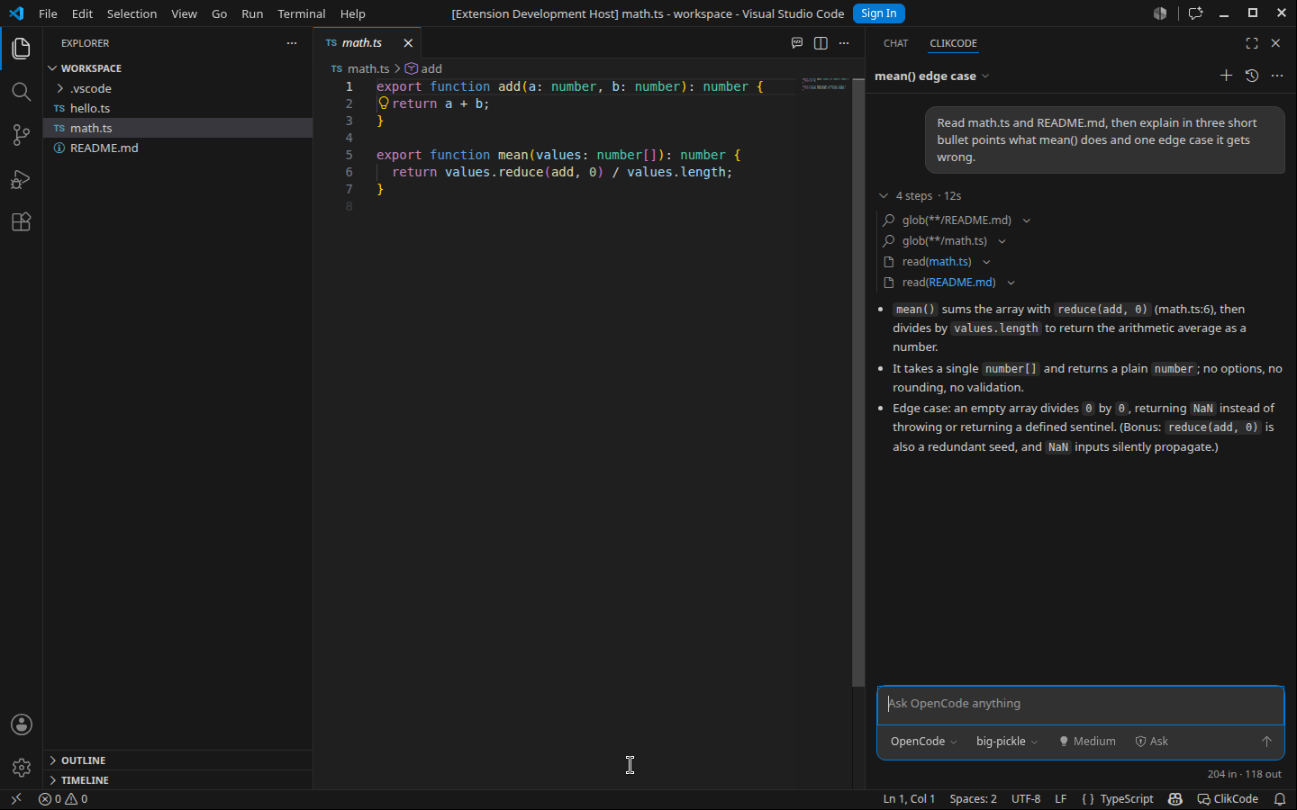 ClikCode in the secondary side bar: a turn with its tool activity