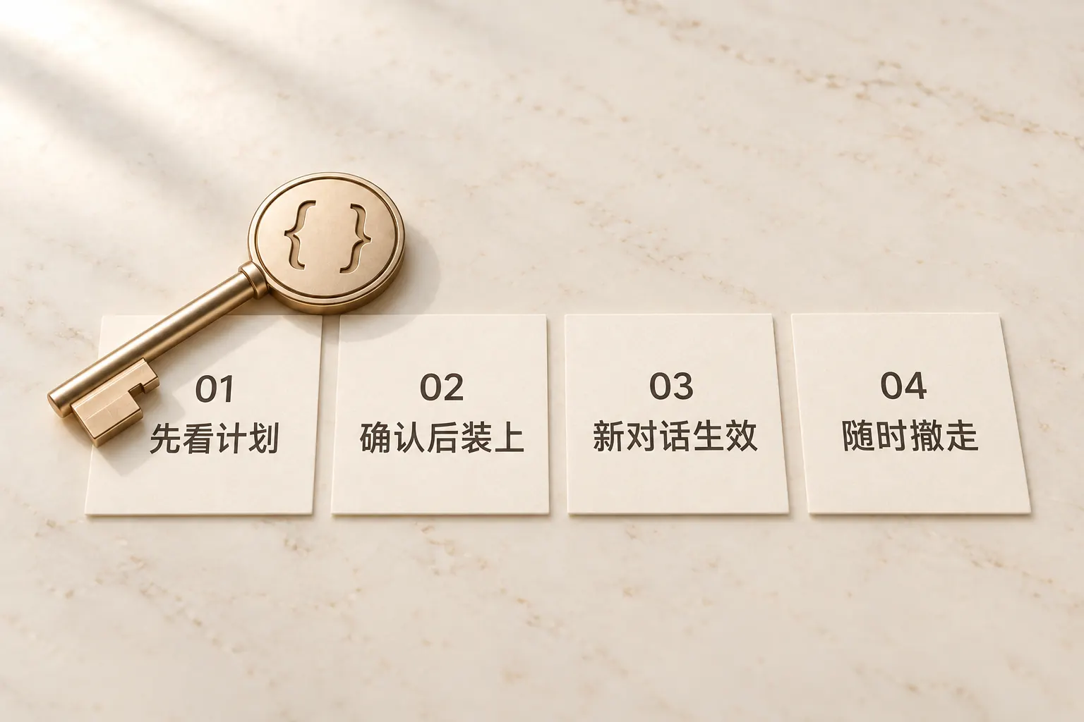 先看计划，确认后装上，新对话生效，随时可以撤走