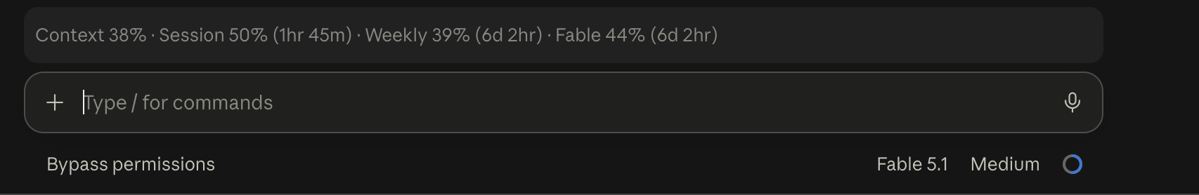 Context 38% · Session 50% (1hr 45m) · Weekly 39% (6d 2hr) · Fable 44% (6d 2hr) above the prompt in Claude Code Desktop