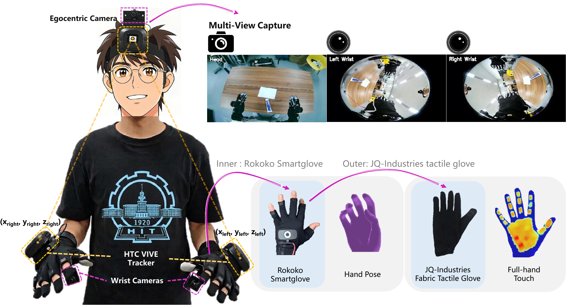TouchAnything data collection setup with egocentric camera, wrist cameras, pressure-sensing gloves, and motion capture