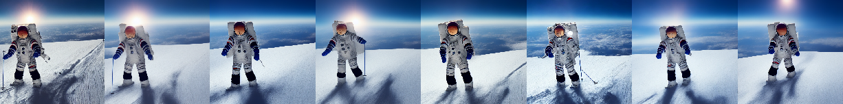 an astronaut is skiing down a hill