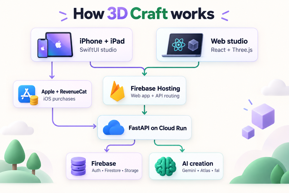3D Craft architecture: iPhone and iPad studio and web studio connect through Firebase Hosting to the Cloud Run API, with Firebase storage, AI providers, and a separate Apple and RevenueCat purchase path