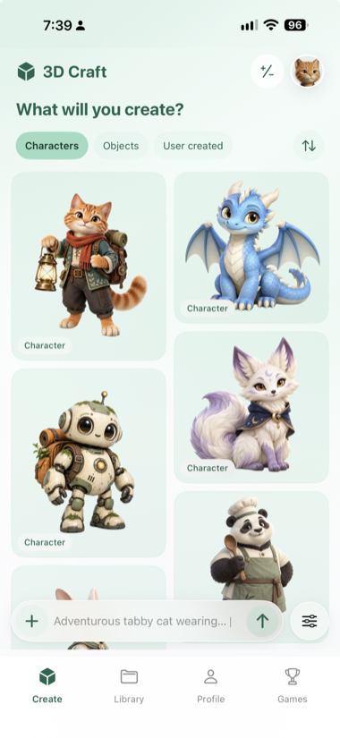 Character gallery and prompt field