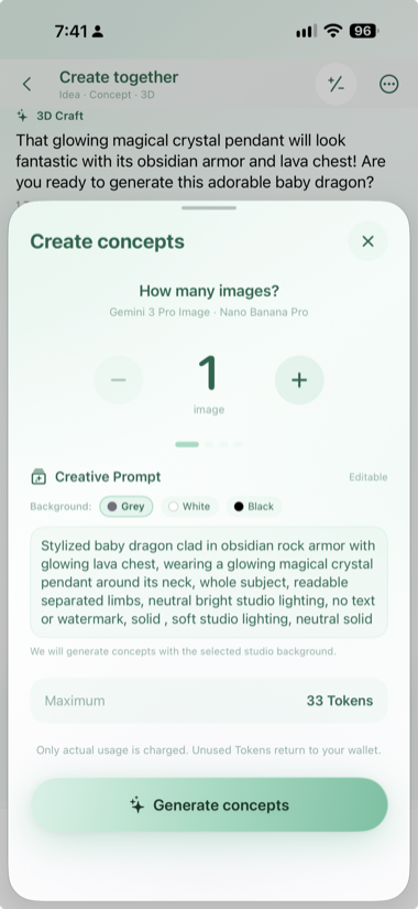 Concept request with image count, editable prompt, and Token quote