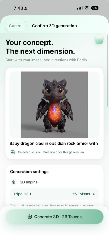 3D confirmation with selected source, engine, and Token quote