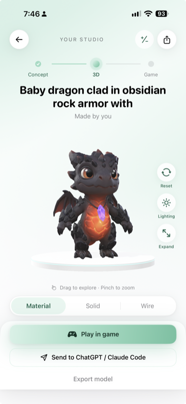 Finished dragon in the interactive 3D studio