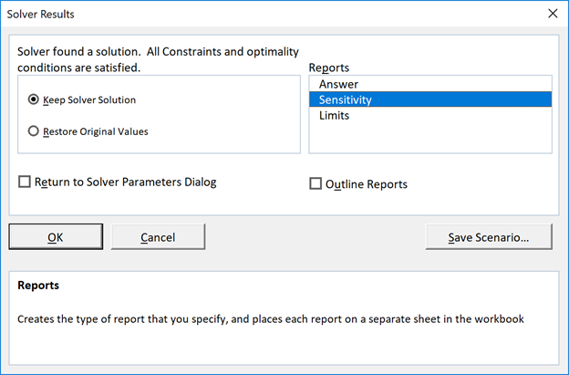 A screenshot of the Solver Results dialog box in Excel. The dialog box shows that you need to select the Sensitivity box within the Reports section to generate a sensitivity analysis report.