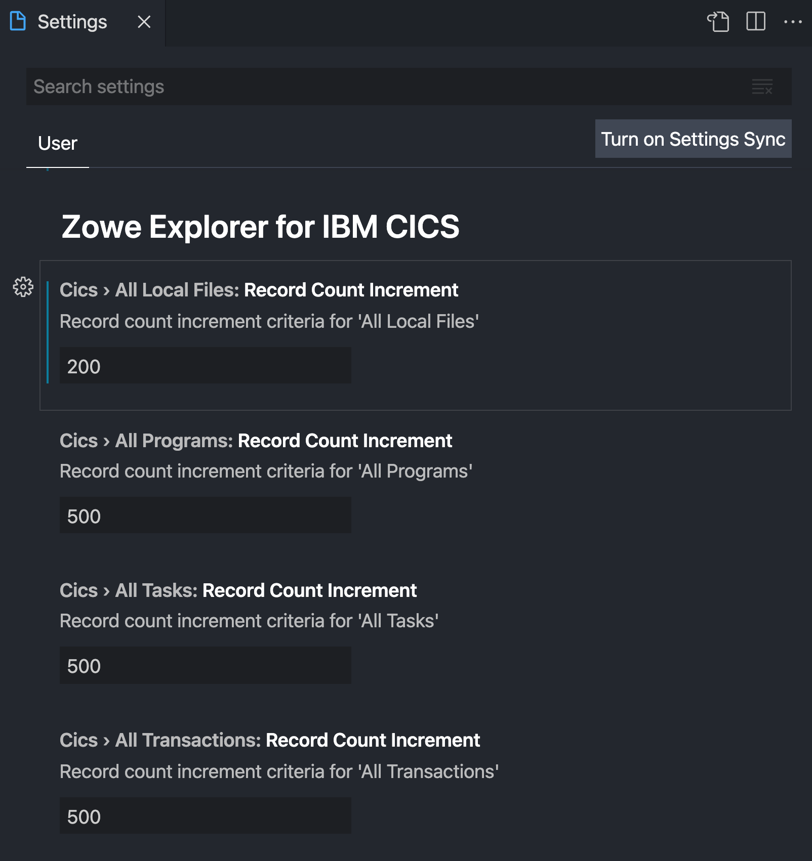 Zowe CICS Explorer Record Count Increment in Setting UI