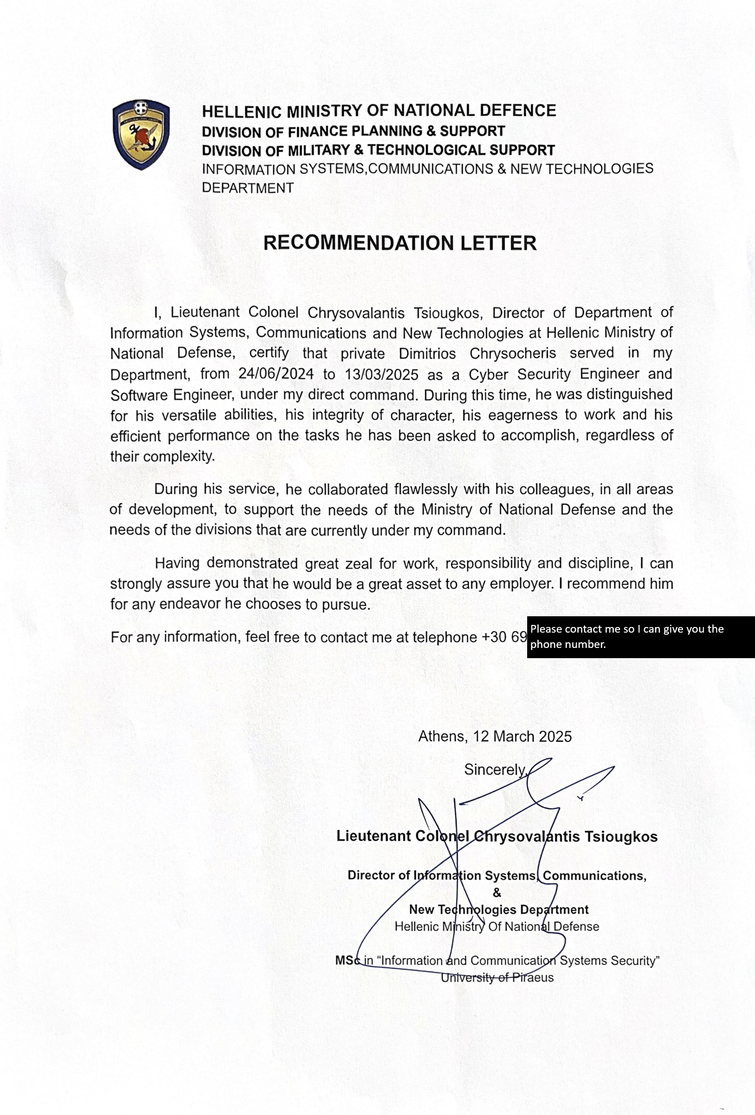 Ministry of National Defence certificate