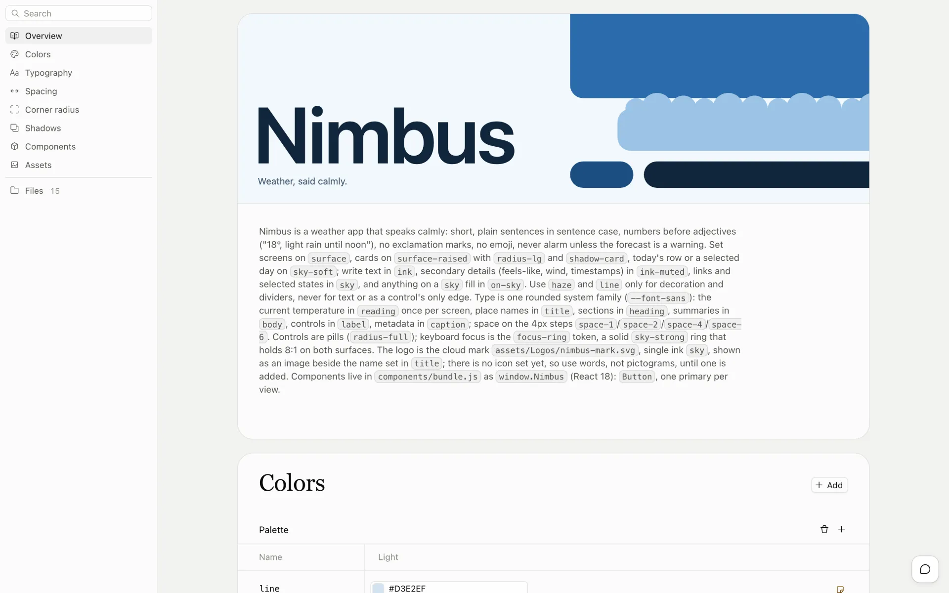 The overview page of the Nimbus design system in the claude-design-system editor