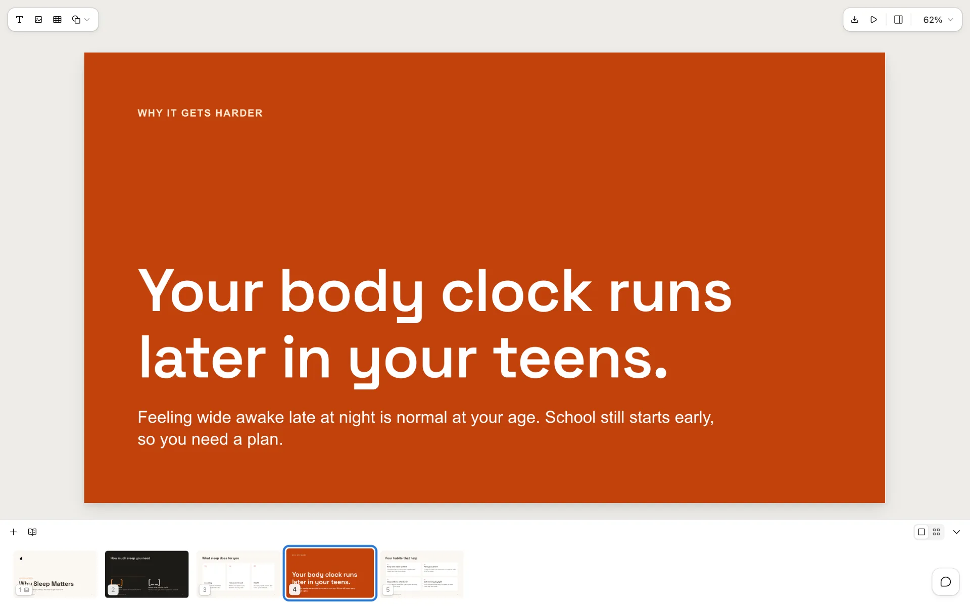 A five-slide health class deck about sleep open in the claude-slides editor