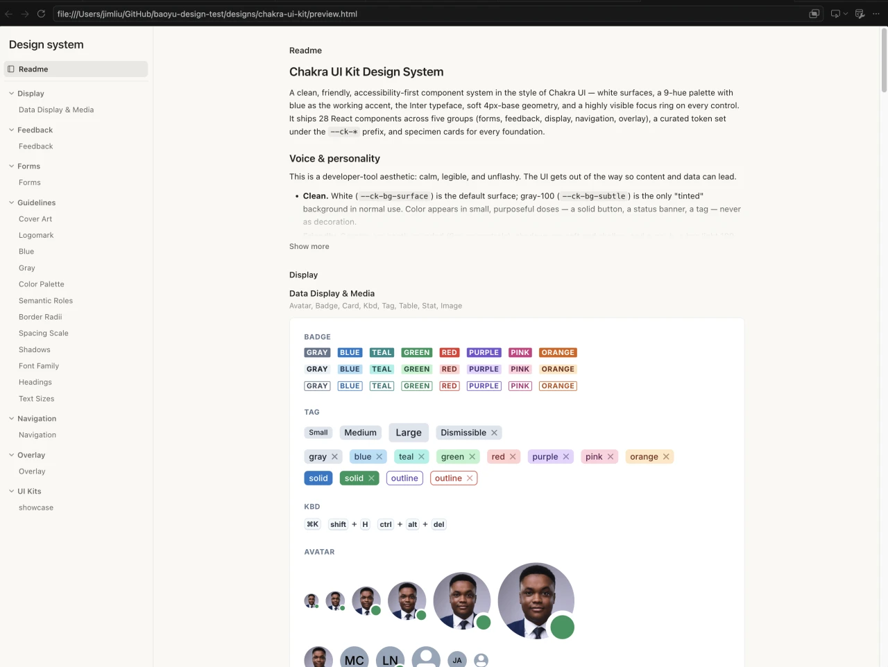 preview.html of a design system imported from the Chakra UI Figma Kit .fig