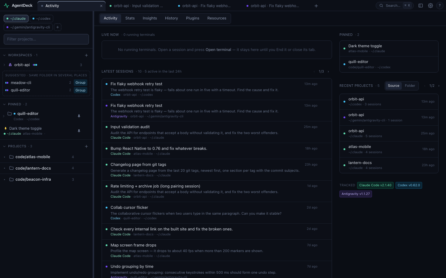 Home · Activity with the tab strip and the shared sidebar
