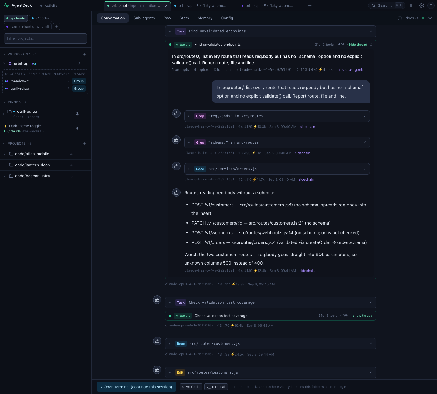 A Claude Code session with an inline sub-agent thread