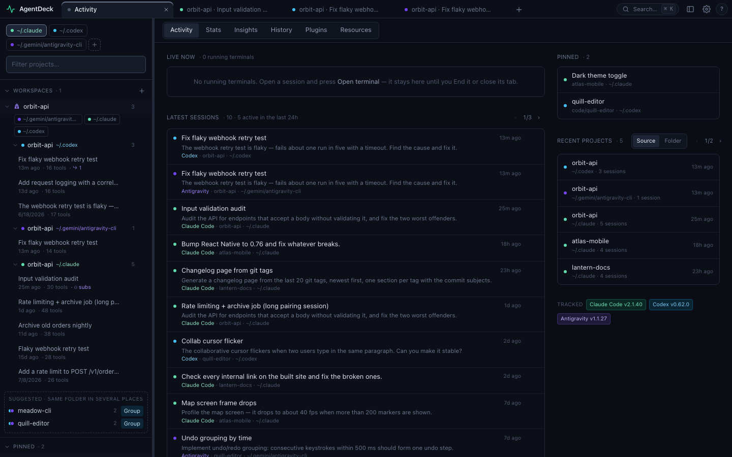 A cross-provider workspace and pinned rows in the sidebar