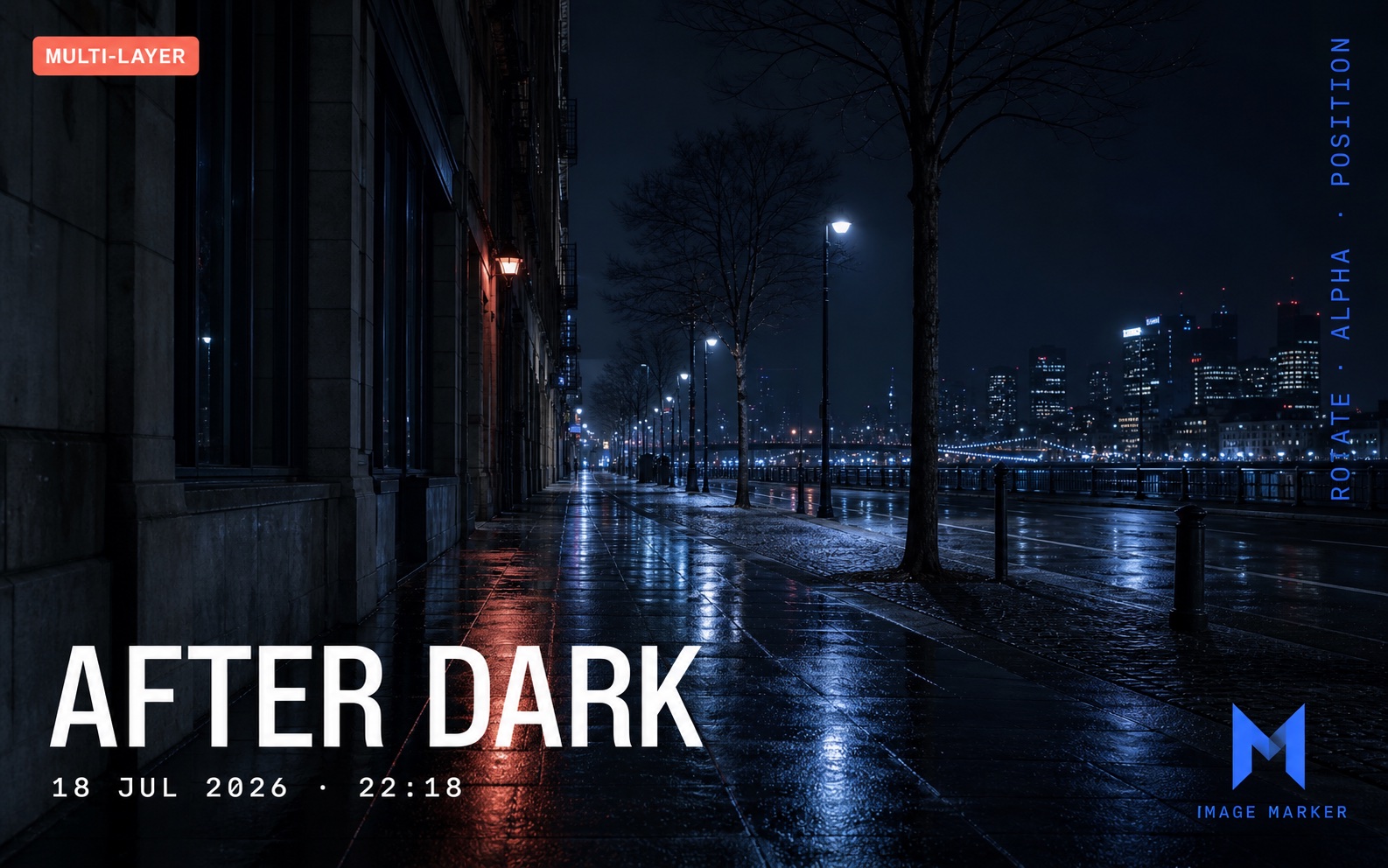 A night street photograph with layered title, metadata, vertical text, and an Image Marker logo