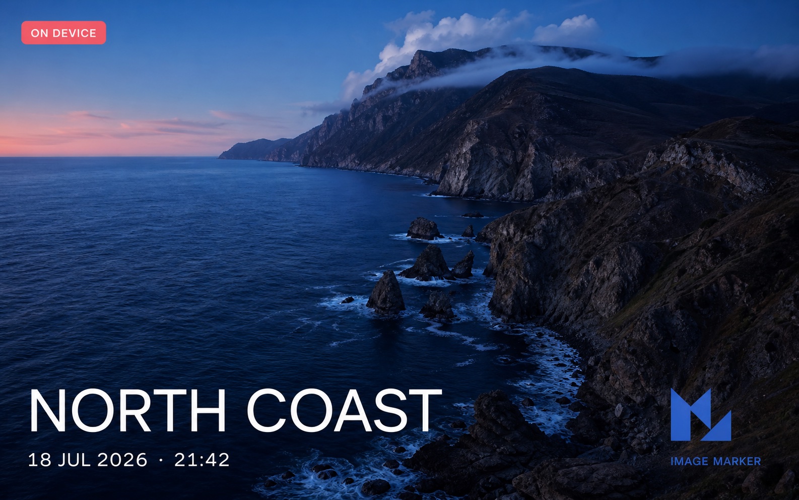 A coastal photograph with a title, date, status badge, and logo watermark