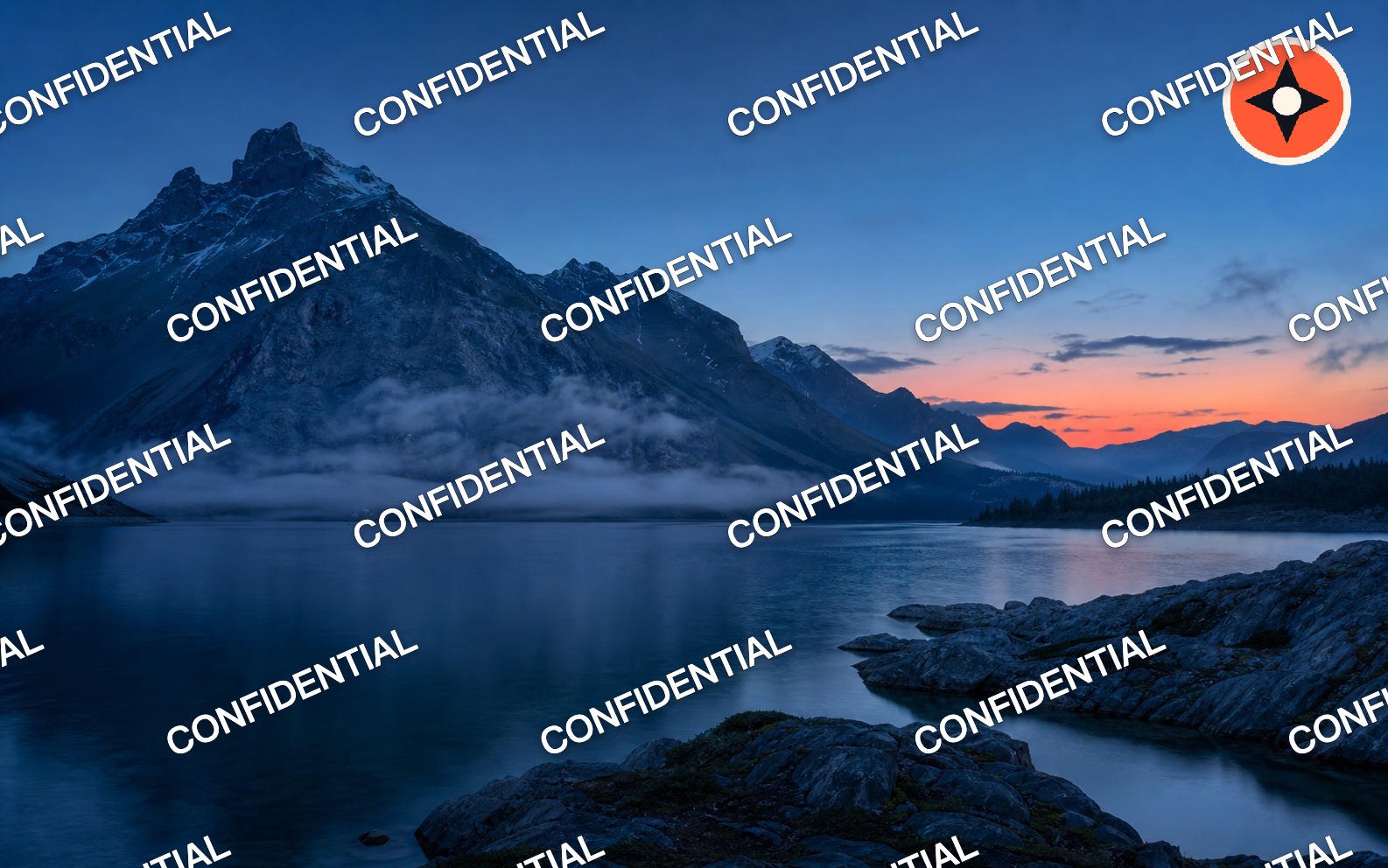 A mountain lake covered by staggered outlined CONFIDENTIAL text with a logo in the top right