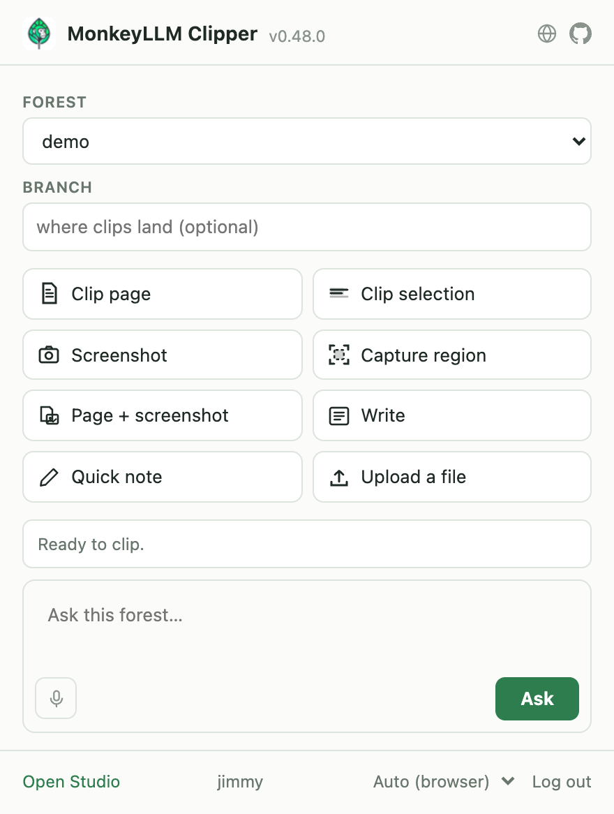 The Clipper popup: clip, capture, write or ask