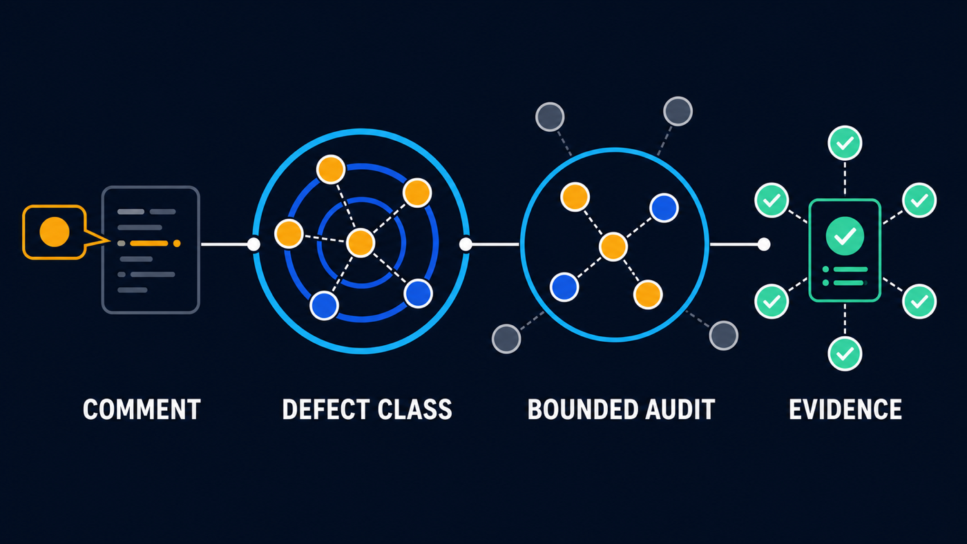 A review comment expands into a defect class, bounded audit, and evidence-backed fix