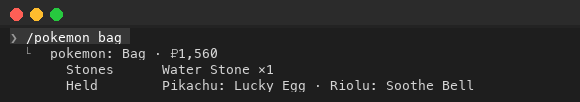 /pokemon bag: Bag · ₽1,560; Stones: Water Stone ×1; Held: Pikachu: Lucky Egg · Riolu: Soothe Bell