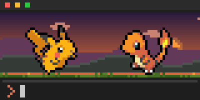 A shiny Pikachu and Charmander on the hills at dusk