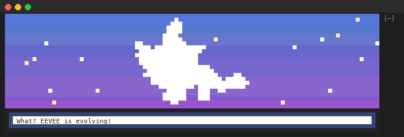 The gradient evolution screen: a white silhouette on a blue-to-purple glow with sparkles, What? EEVEE is evolving! in the text box