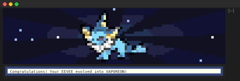 The evolution screen: Vaporeon on a dark stage with light rays and sparkles, and a text box saying Congratulations! Your EEVEE evolved into VAPOREON!
