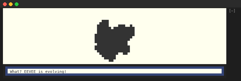 The white evolution screen: Eevee as a dark silhouette on a plain off-white stage, What? EEVEE is evolving! in the text box