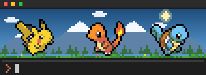 Pikachu, Charmander and Squirtle journeying through a pixel world above the Claude Code prompt, running while Claude works and cheering with confetti