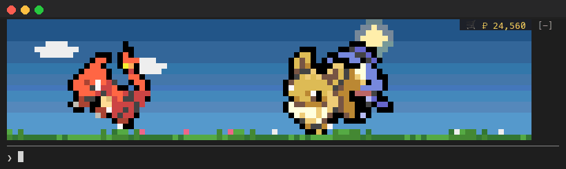 Clicking 🛒 ₽ 24,560 opens the PokéMart in the band: a Fire Stone with its picture and description, the Hold items and Special tabs, then Water Stone ×3 for ₽9,000, Bought 3 × Water Stone!, ₽ 15,560, and x closes it back to the meadow