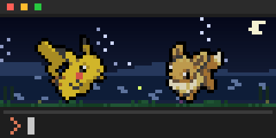 Pikachu and Eevee by a moonlit lake with fireflies