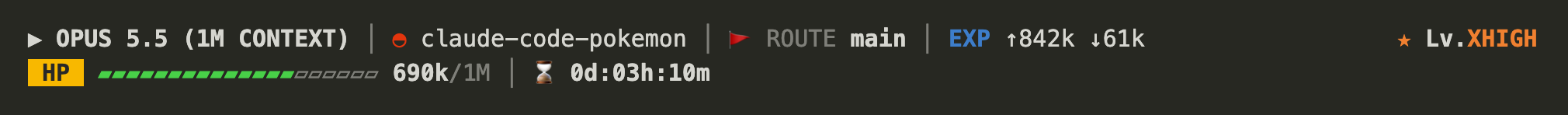 The Pokémon status line: OPUS 5.5 nametag, project, ROUTE main, EXP tokens, Lv.XHIGH effort, a green HP bar for the context left and the session time