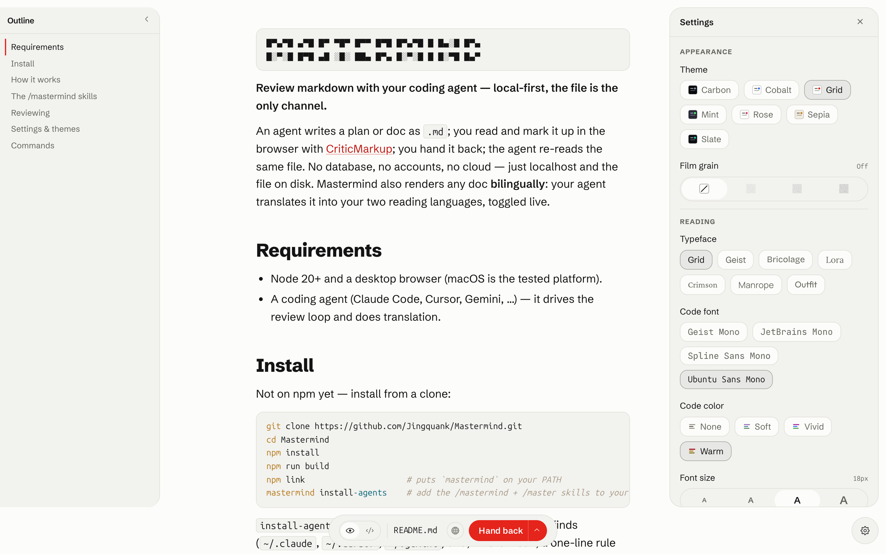 Settings panel