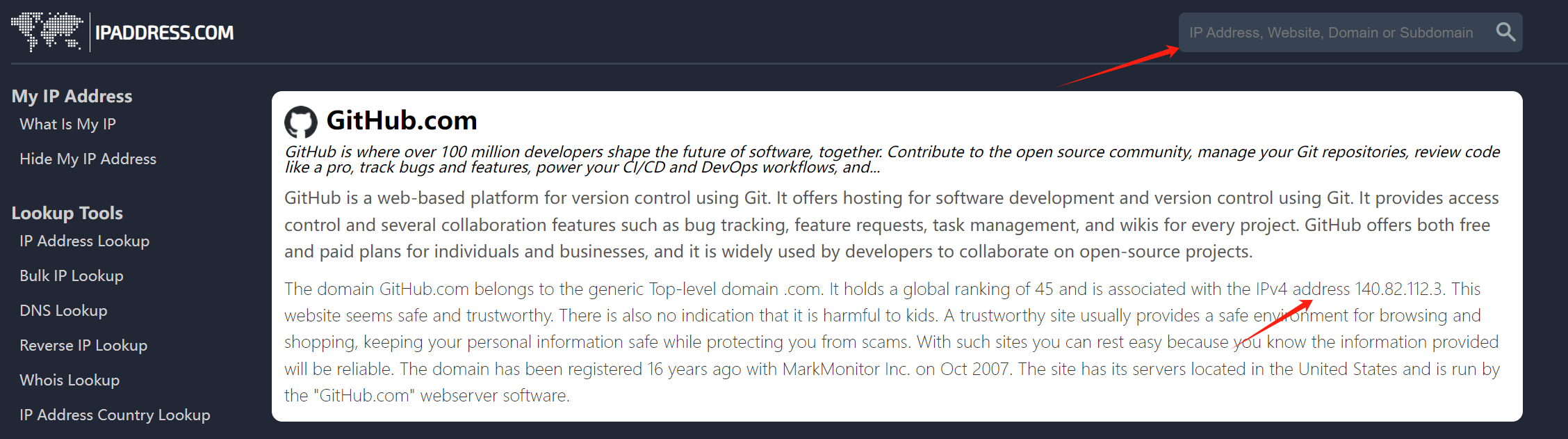 查找到对应 IP 地址后，在 Windows 下进入 C:\Windows\System32\drivers\etc , 把 140.82 ...