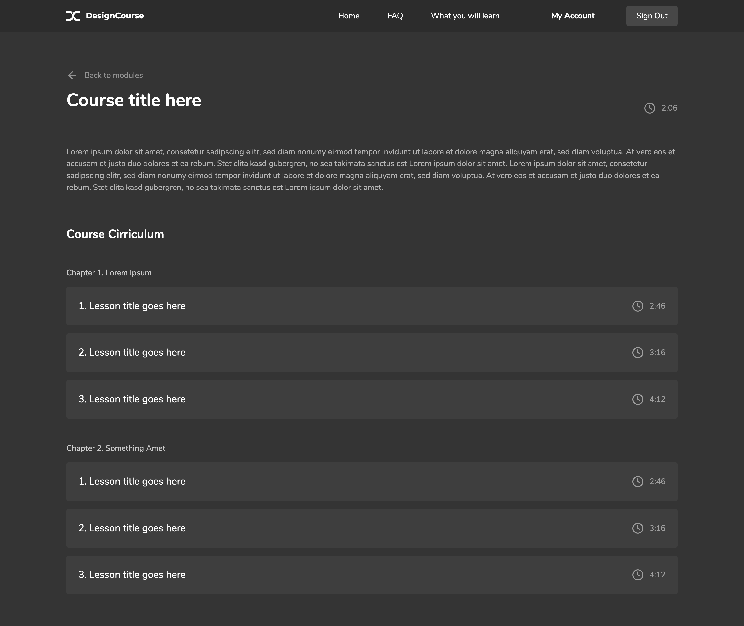 Course view, listing each lesson in the course