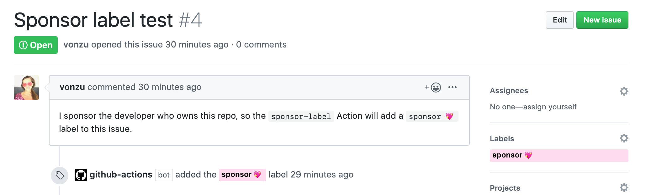 Screenshot of an issue created by a sponsor, with the sponsor label added
