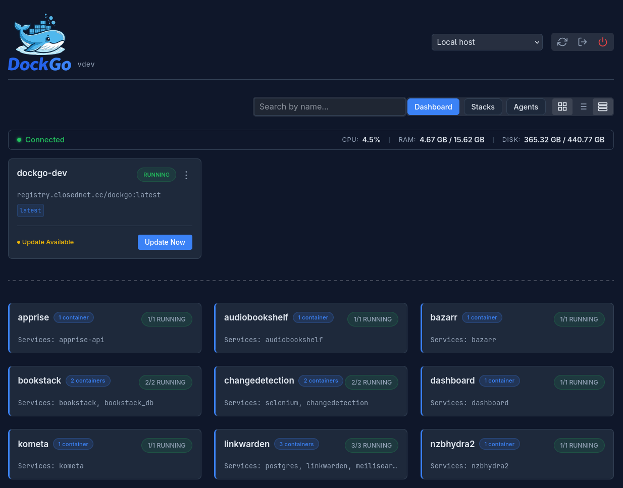 DockGo dashboard showing container updates
