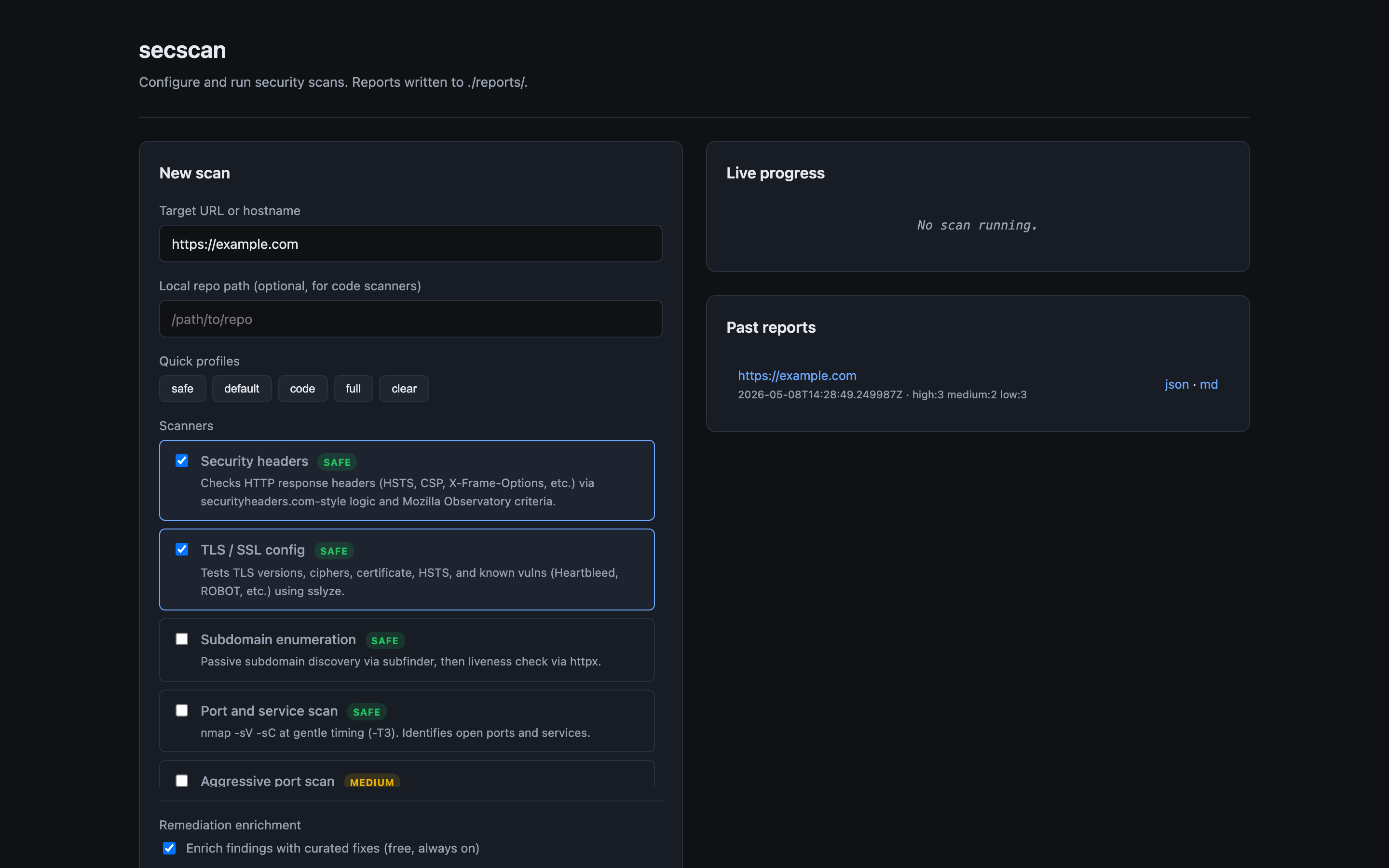 secscan dashboard with security headers and TLS scanners selected