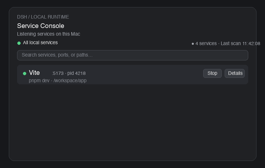 Service Console 0.2.0 — all local services and DSH-style inspector