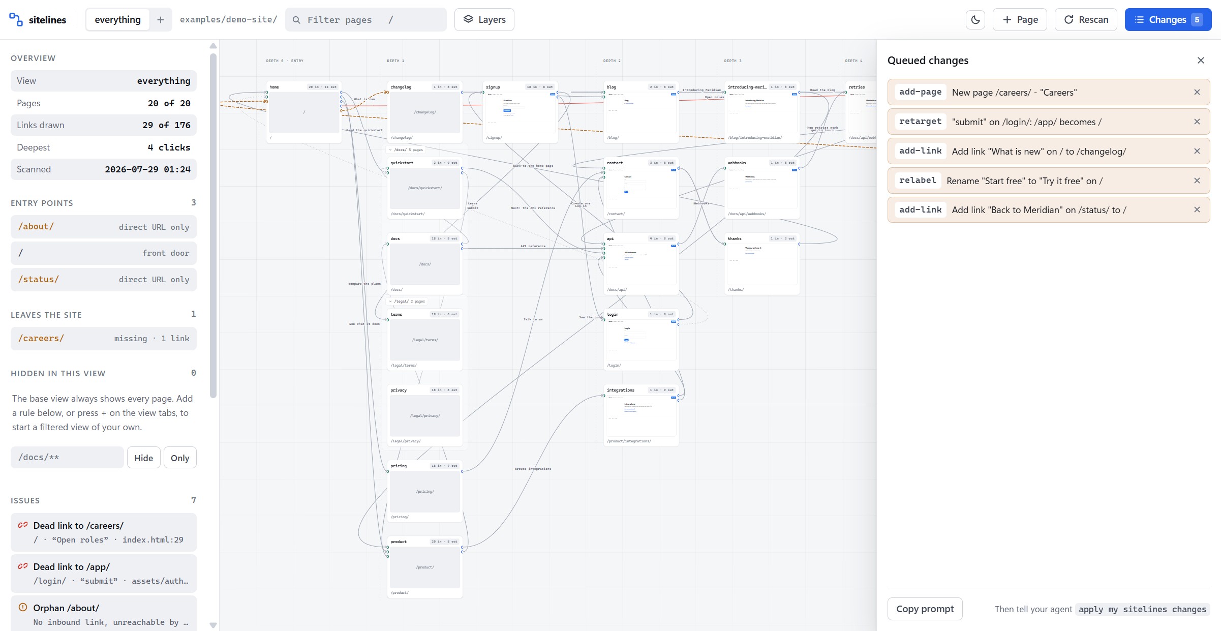 The queued changes drawer listing five pending edits, with the map already previewing them