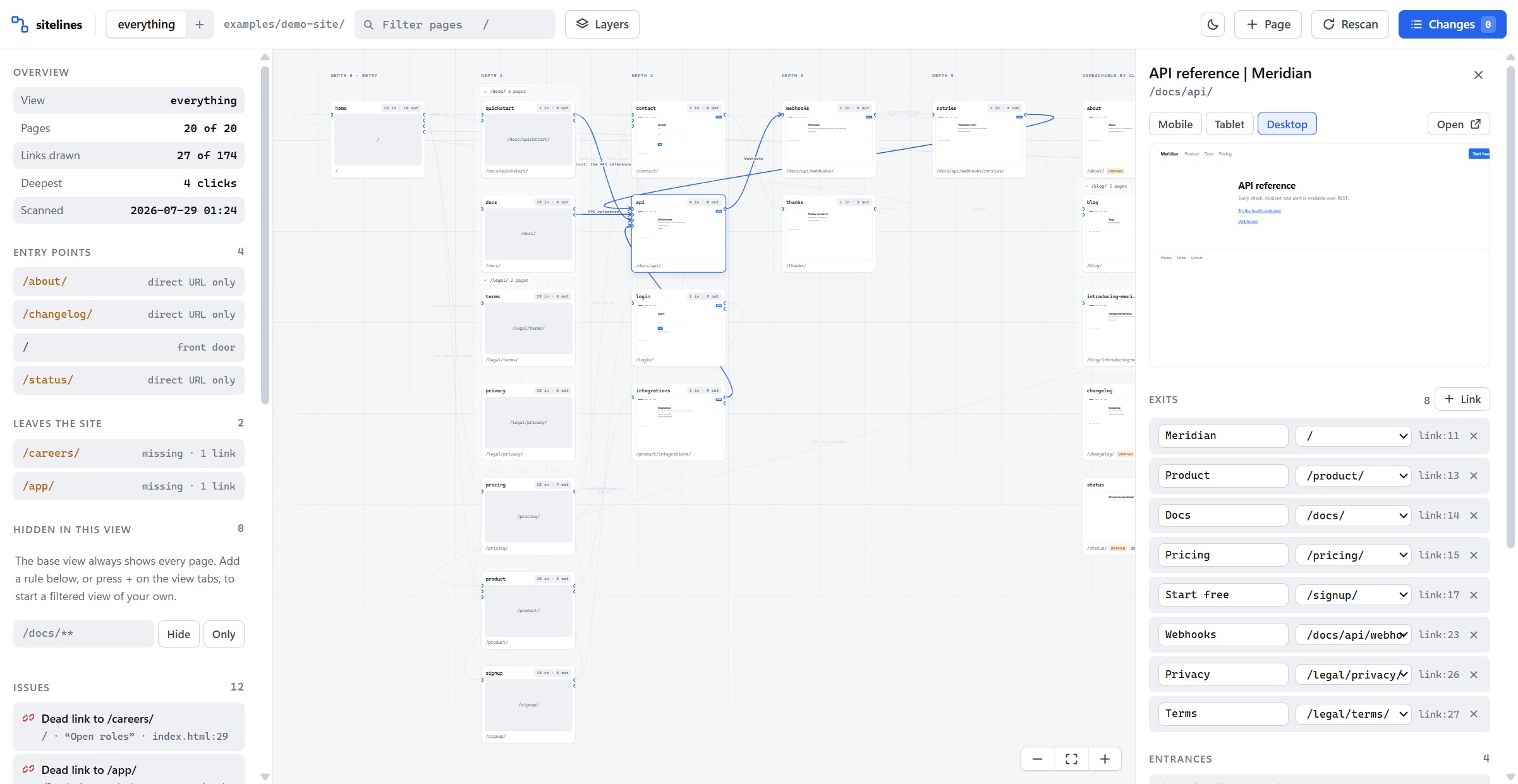 The inspector panel open on a docs page, showing a live desktop preview and all eight of its exits with file and line numbers
