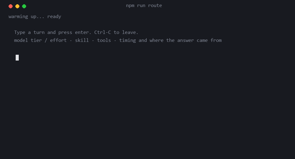 npm run route: six turns routed live, with the reasons for each decision