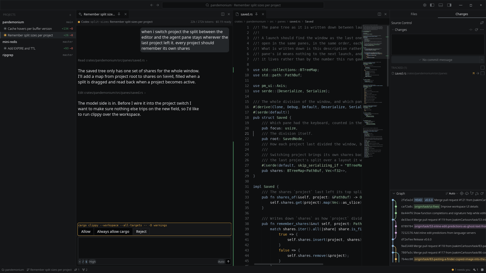 Codex asking to run clippy, beside the file it just edited