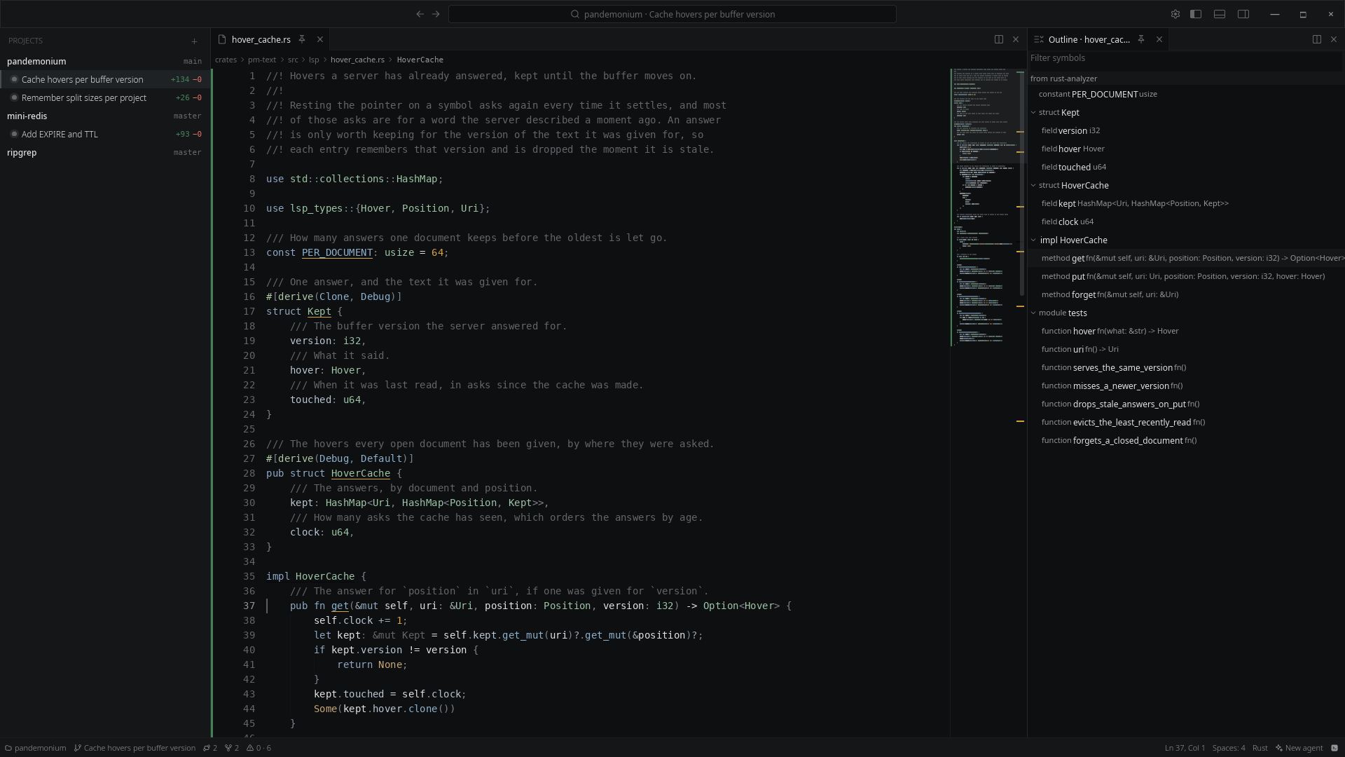 A Rust file with rust-analyzer hints and the outline pane