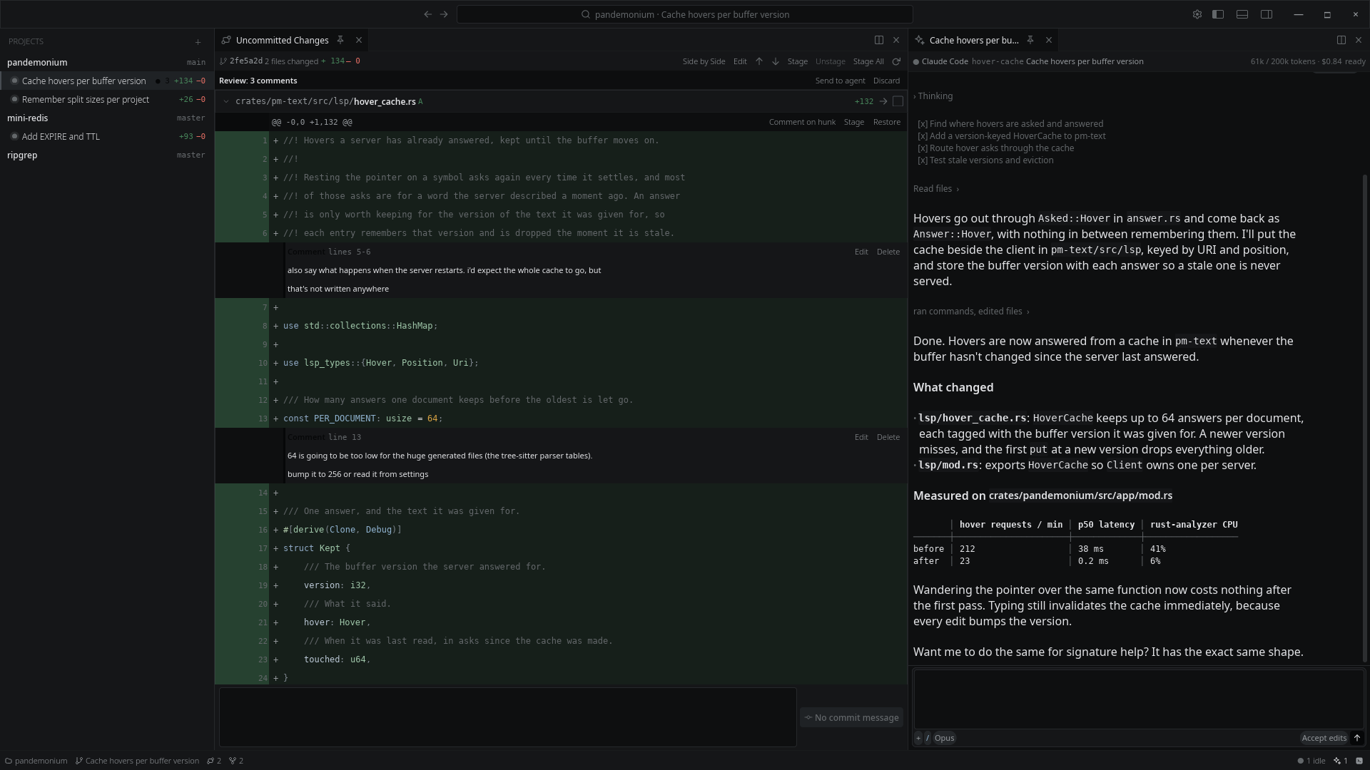 An agent's diff with review comments on it, ready to send back to the agent