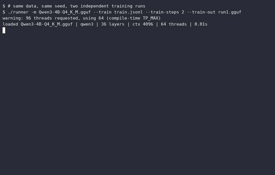 Two independent training runs producing byte-identical adapters
